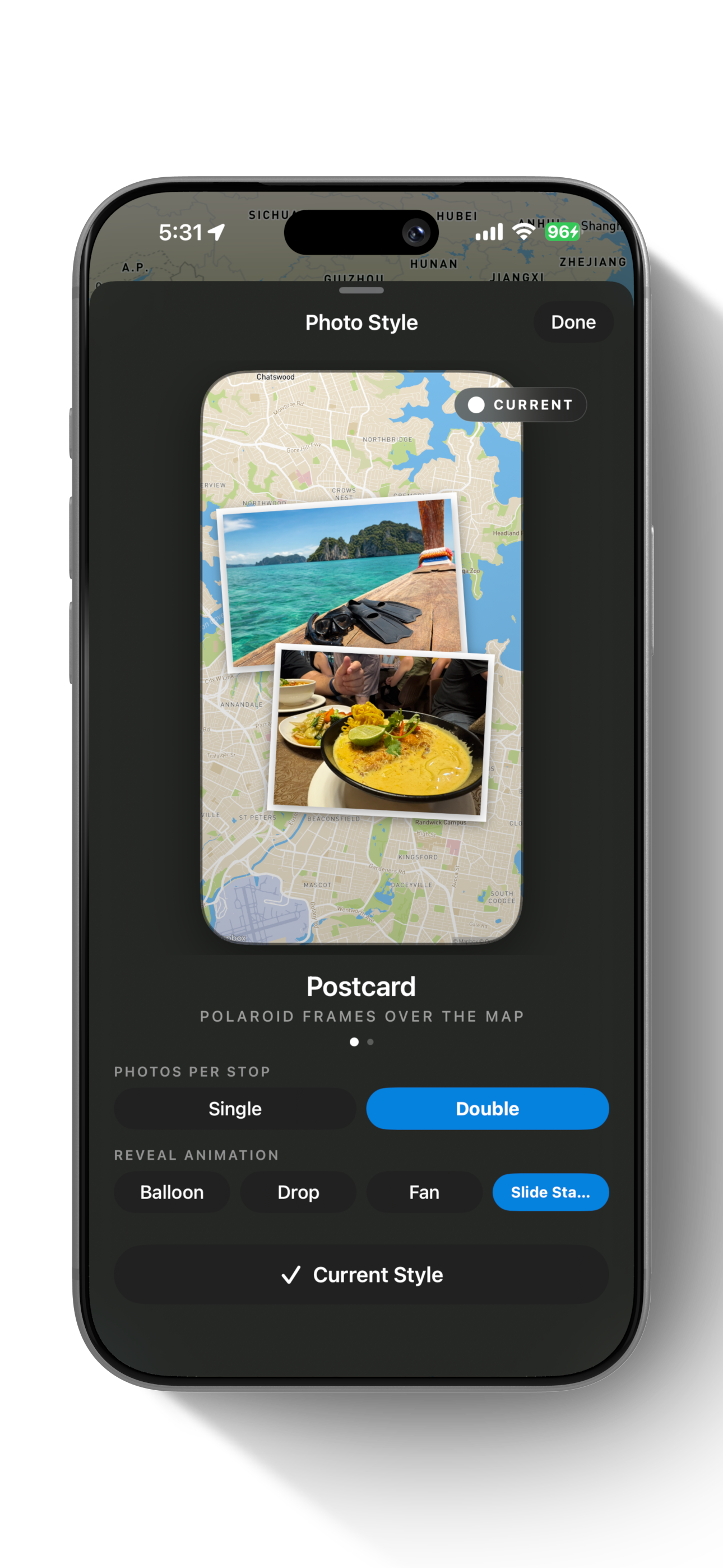 Photo style picker showing postcard style