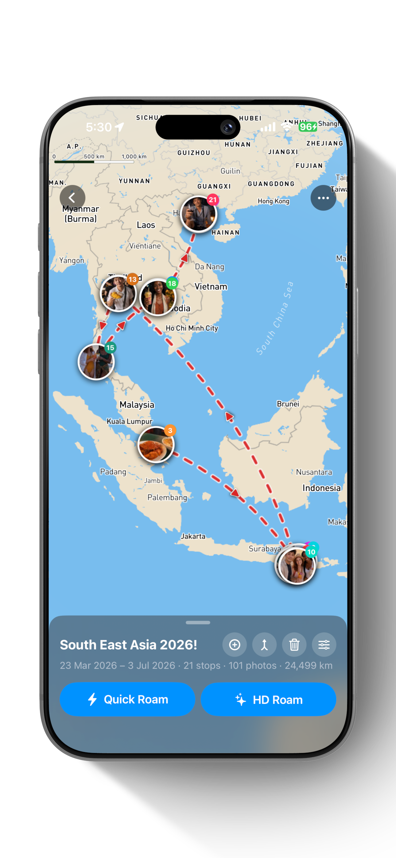 Trip editor with numbered stops and route